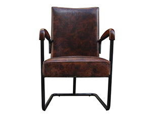 Metal Frame Wood Arm Aged Cow Leather Chair