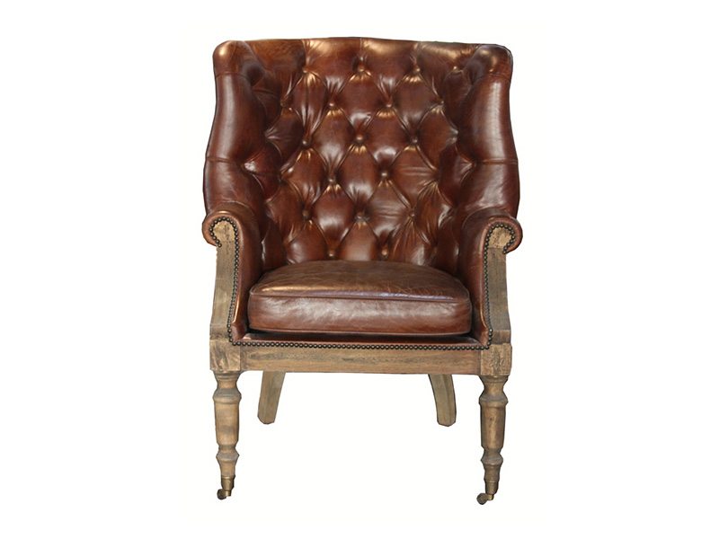 Button Wing Back Deconstructed Vintage Leather Chair