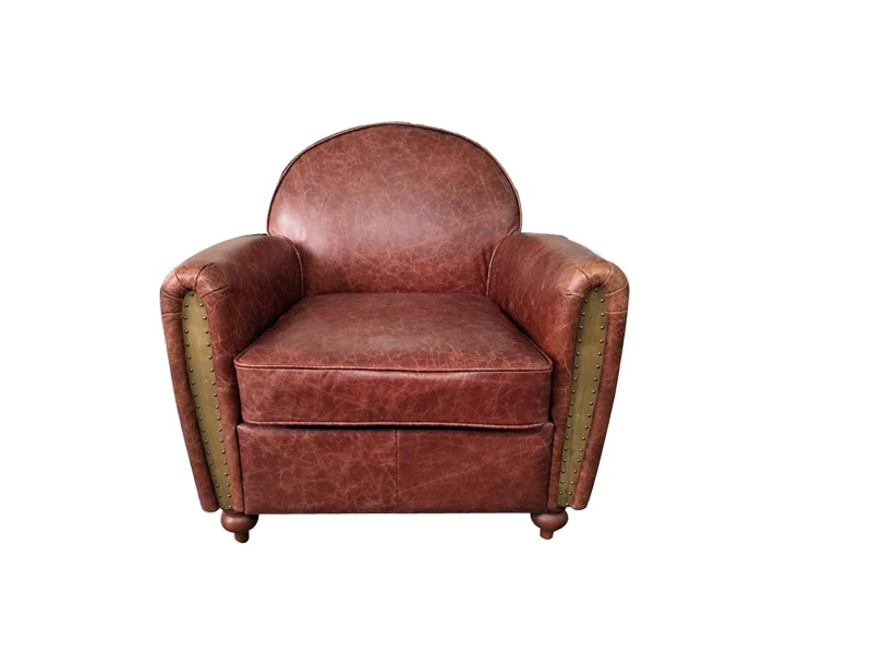 Brown Vintage Leather Seat Sofa Chair Aluminium Back Brass Inner Armrest  