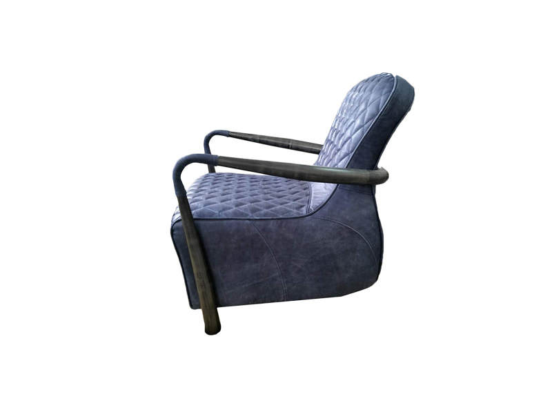 Metal Frame Dark Blue Leather Chair With Arms And Wide Seat