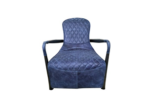 Metal Frame Dark Blue Leather Chair With Arms And Wide Seat