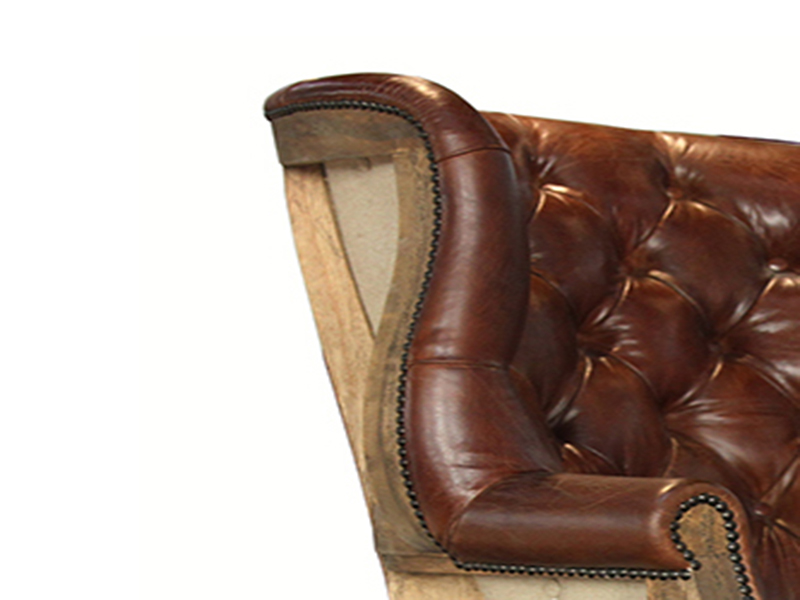 Wing Back Antique Leather Chair With Wood Legs
