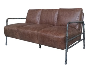 Tubular Steel Frame 3 Seater Sofa with Vintage Leather