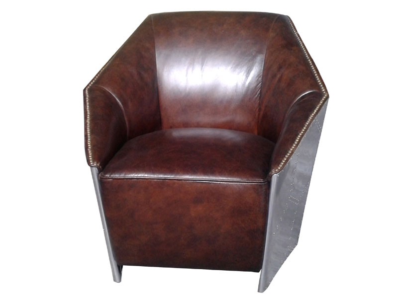 Tobacco Brown Leather Sofa with Riveted Metal Panel Back