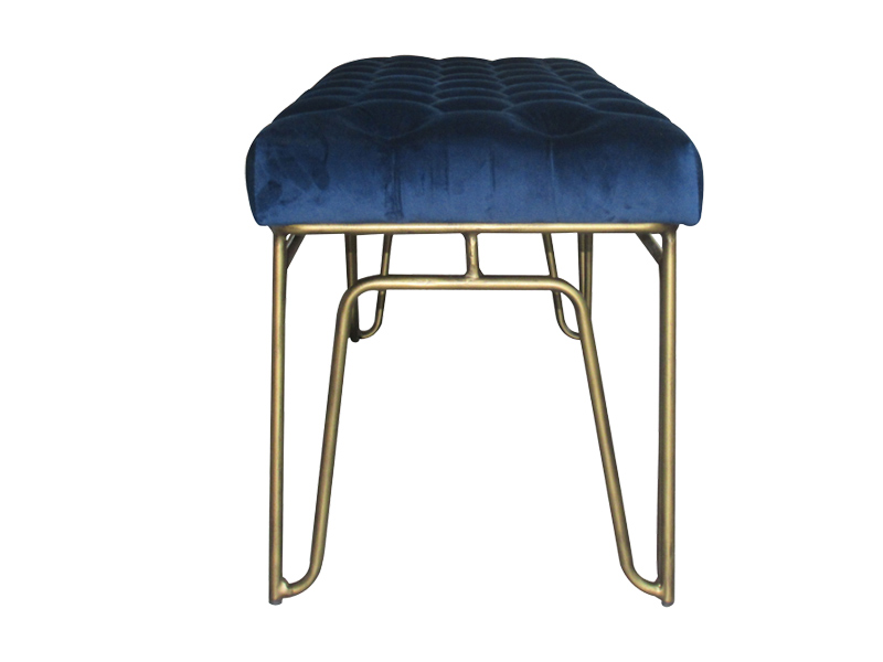High-End Blue Rectangle Velvet Bench With Bronze Color Leg For Leisure Room 
