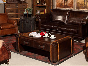 Grain Leather Coffee Table With Rattan