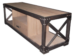 Rustic Metal Frame Industrial Coffee Table with Drawer