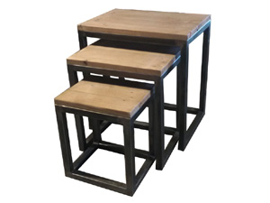 Solid Wood Rustic Metal Frame Industrial Coffee Table Set