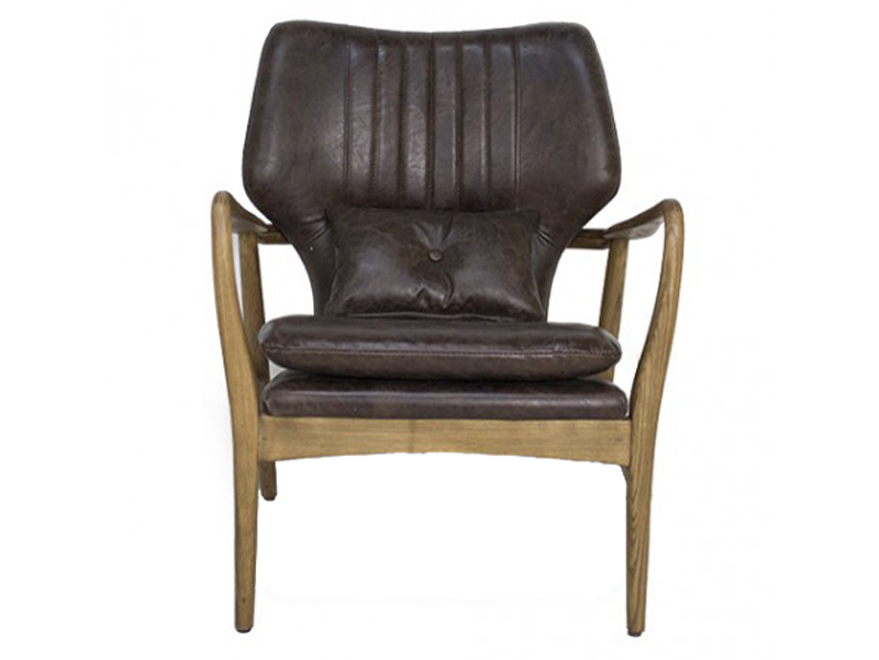 Solid Wood Vintage Leather Mid-Century Armchair