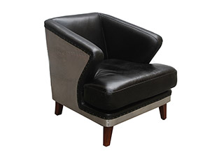 Wood Leg Black Genuine Leather Aviation Club Chair