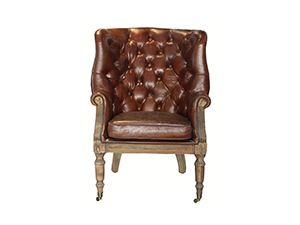 Wing Back Antique Leather Chair With Wood Legs