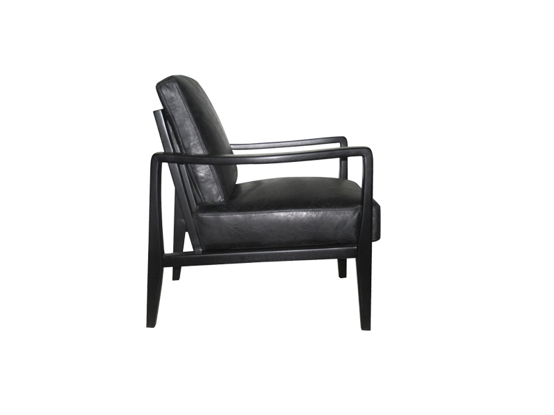 Solid Wood Living Room Arm Chair With Black Genuine Leather 