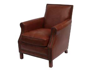 Antique Leather Riveted Roll Arm Sofa Chair