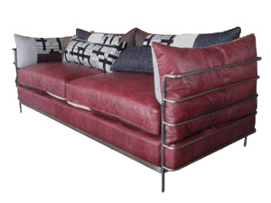 Burgundy Vintage Leather Tubular Base Sofa Set