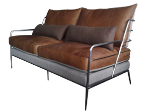 Rustic Style Tubular Base Real Leather 2S Sofa
