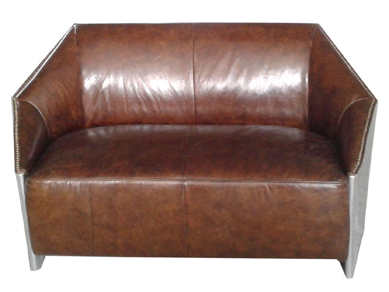 Tobacco Brown Leather Sofa with Riveted Metal Panel Back