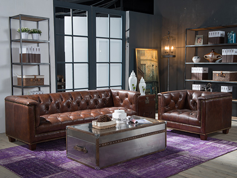 Antique Brown Leather Tufted Back Sofa Set 