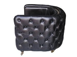 Tufted Button Side Black Vintage Leather Armchair with Wheels
