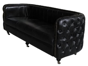 Vintage Black Grain Cow Leather 3S Sofa with Tufted Button Side