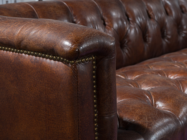 Vintage Old Top Grain Brown Leather Sofa Set 