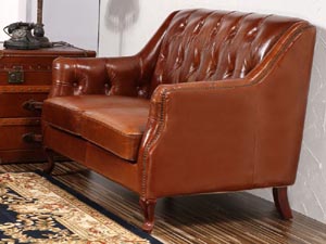 Wood Leg Vintage Leather Brown Loveseat Sofa