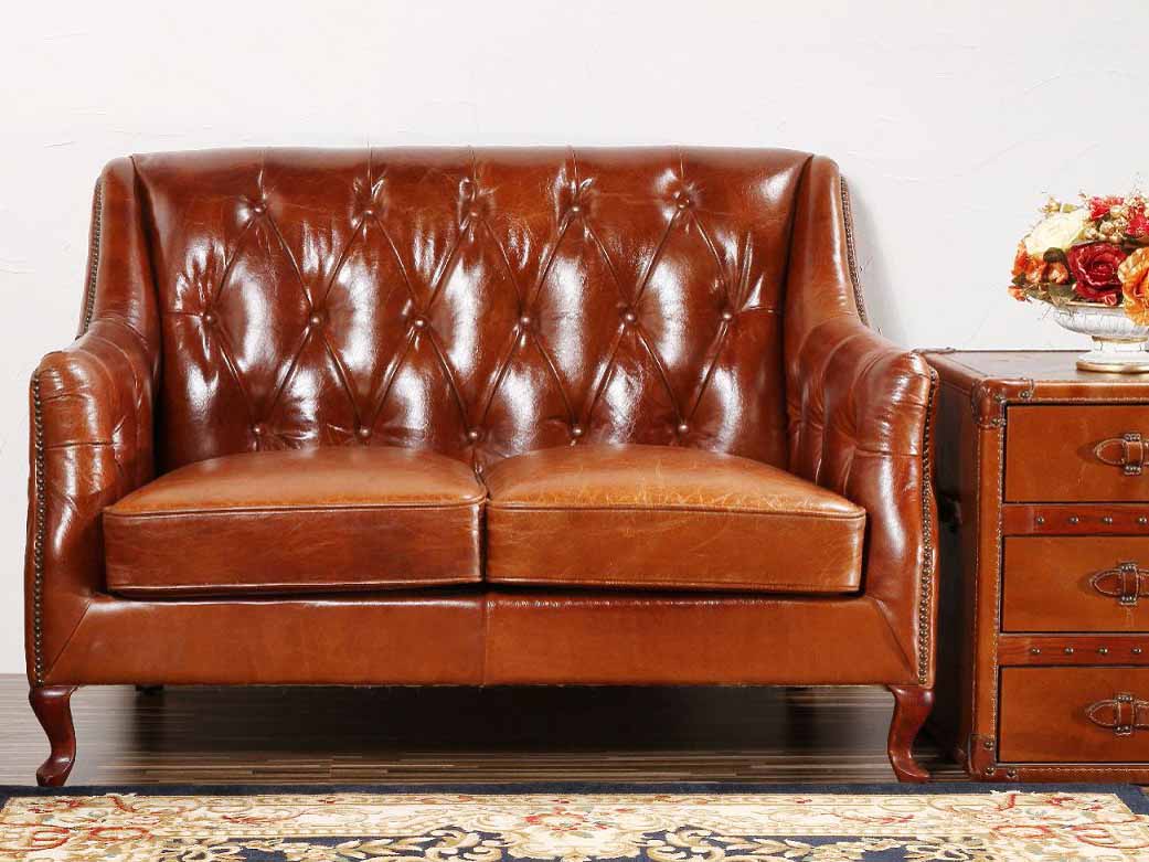 Wood Leg Vintage Leather Brown Loveseat Sofa