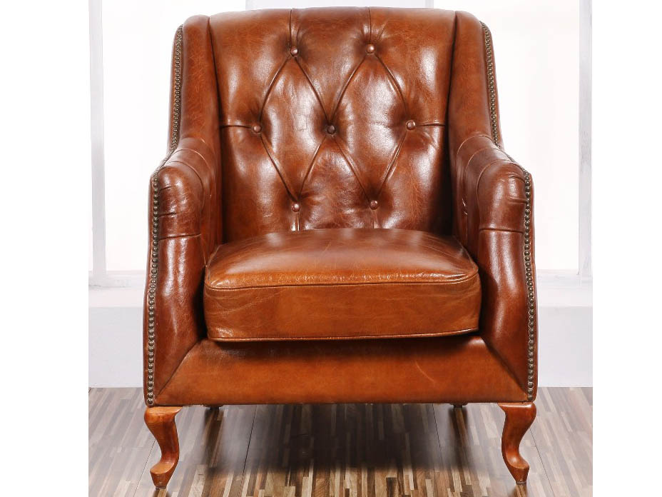 Wood Leg Vintage Leather Brown Sofa Chair