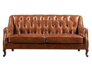 Wood Leg Vintage Leather Brown Sofa Set