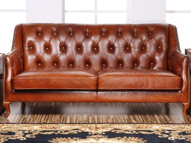 Wood Leg Vintage Leather Brown Sofa Set