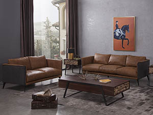 Loft Living Room Distressed Leather Mid-Century Sofa