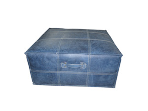 Blue Square Genuine Leather Ottoman With Metal Frame 