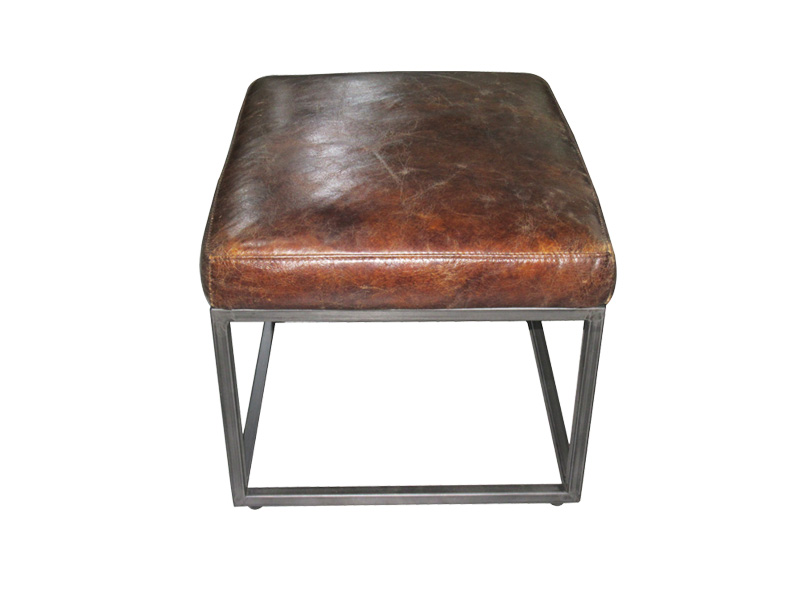 Brown Vintage Leather Ottoman With Metal Frame Genuine Leather