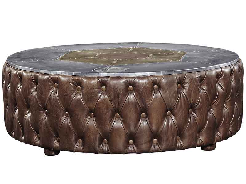 Round Coffee Table in Vintage Leather and Aluminium Top