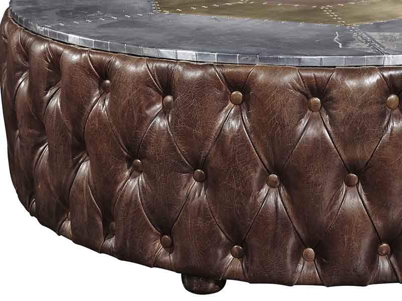 Round Coffee Table in Vintage Leather and Aluminium Top